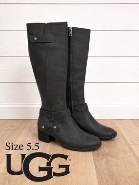 👢🔥💜 UGG Bandara Tall Black Leather Boots Chunky Heel Buckle Detail NWOT Size 5.5